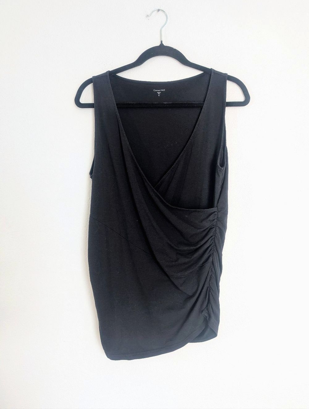 Garnet Hill Black Ruched Sleeveless Top XL | Draped V-Neck Stretch Pima Cotton